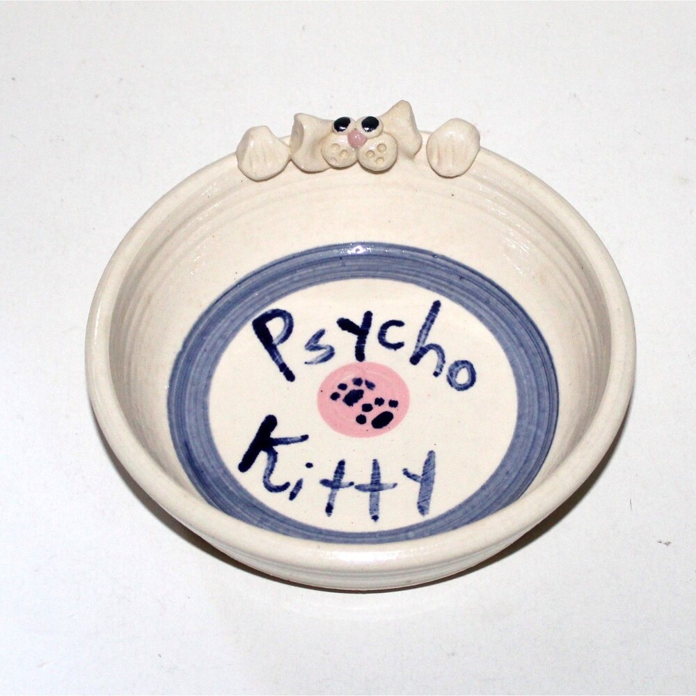 Psycho Kitty cat food water bowl pet stoneware studio pottery white blue pink